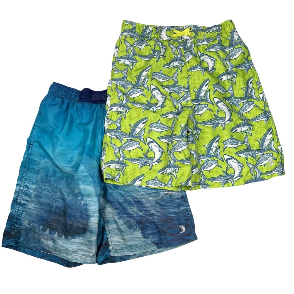 Lot of 2 Reel Legends Swim Trunks Boys Large Mesh‎ Lined 7.5" Inseam Shark Print